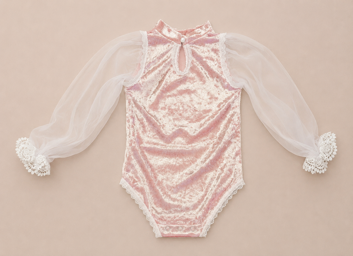 Close-up of lace cuff and sheer puff sleeve on Ma Chérie velvet bodysuit